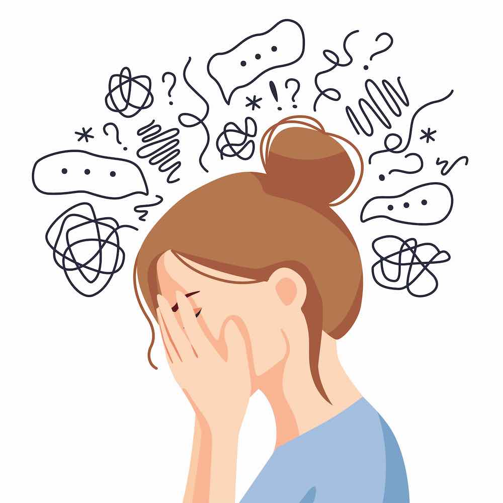 Anxiety, depression, stress, headache. Dizziness, sad and anxious thoughts of woman. Young famale is surrounded by stream of thoughts, chaos in head. Mental disorder. a core part of interpersonal skills is about being able to express and assert your views without offending others