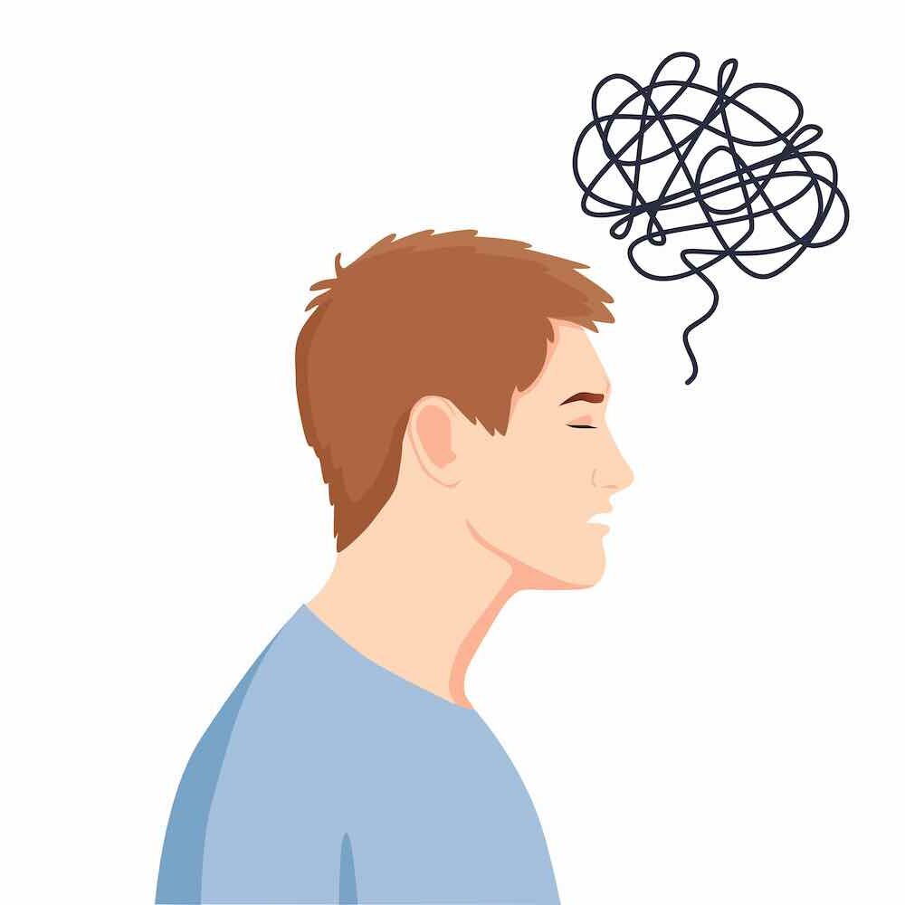 Anxiety, depression, stress, headache. Dizziness, sad and anxious thoughts of man. Young man is surrounded by stream of thoughts, chaos in head. Mental disorder. Difficult life situation. interpersonal communication skills can determine the quality of your relationships
