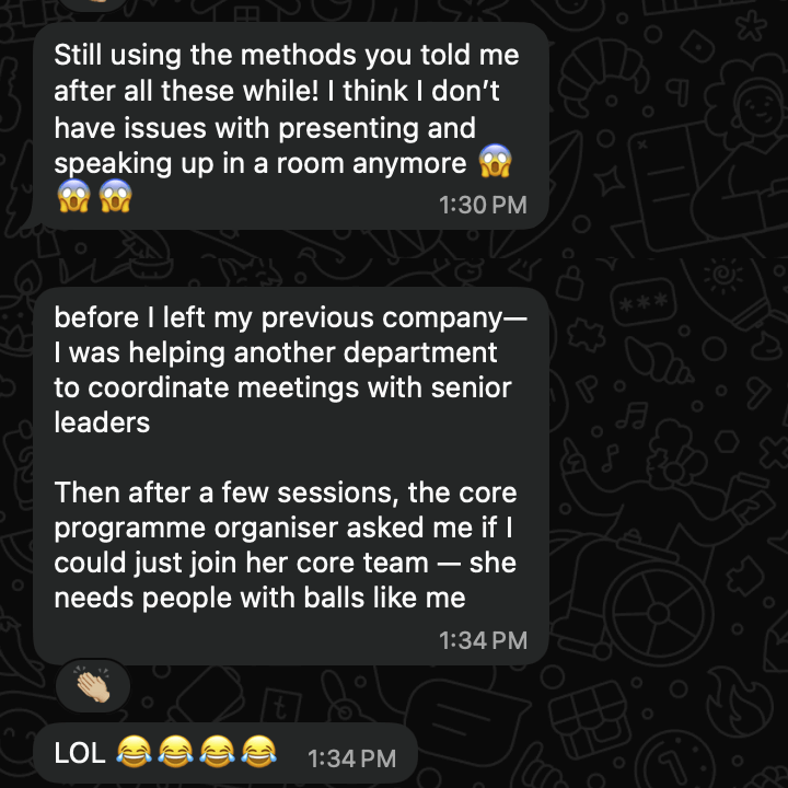 WhatsApp testimonial from coach Ellery Ng's client describing increased confidence in speaking up, presenting clearly, and being trusted to work with senior leadership after coaching