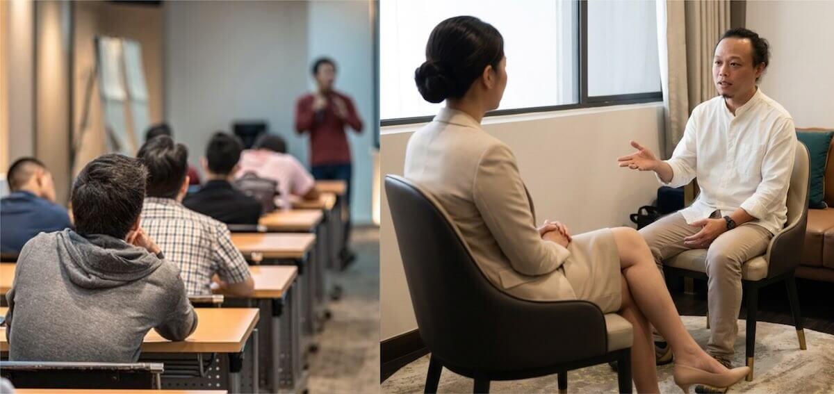Group classroom training contrasted with a one-on-one coaching session focused on building communication skills and confidence through personalized guidance.