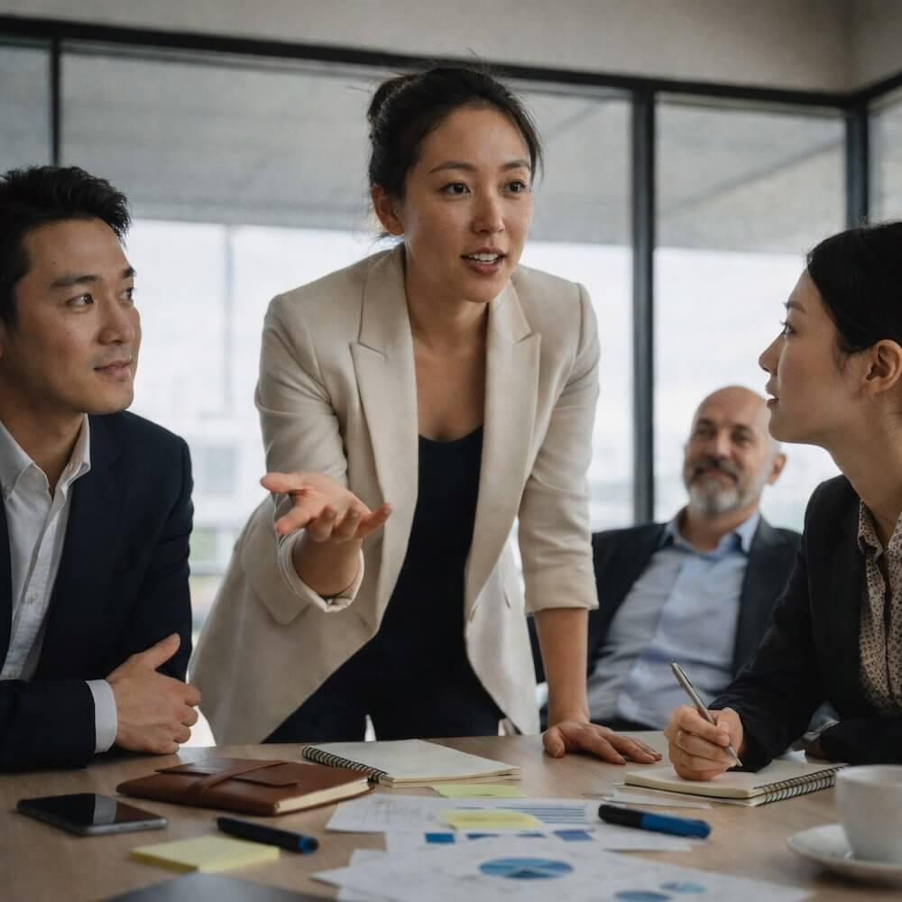 Executive communication coaching example showing a leader influencing stakeholders through confident presence and persuasive communication in a team discussion