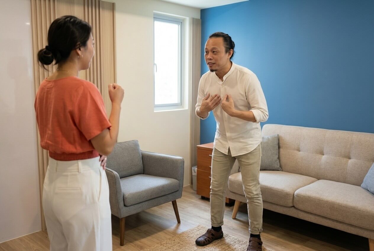 Executive communication coaching session with coach Ellery Ng guiding a client through a somatically-based, confidence-evoking technique