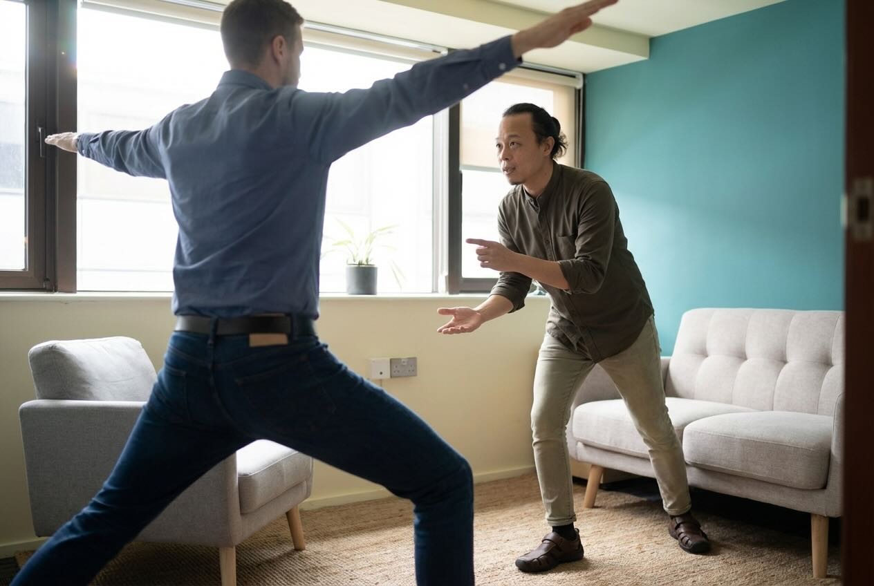 Executive communication coaching session in Singapore with a client developing posture, movement, and physical presence to project authority in leadership interactions