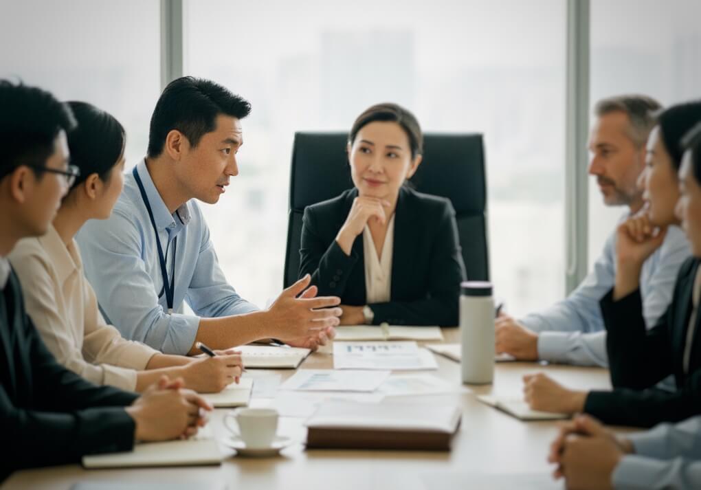 Executive communication coaching example of a professional contributing ideas while engaging senior stakeholders in a meeting