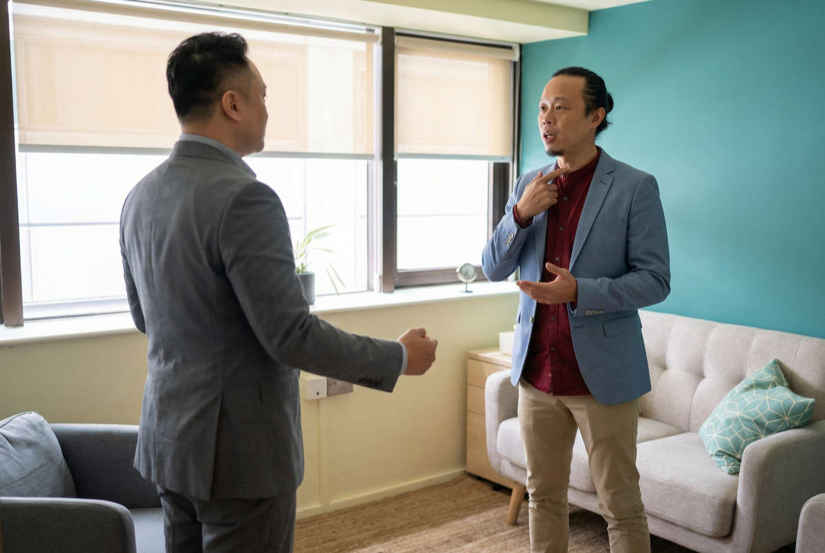 Communication coach Ellery Ng working 1-on-1 with a client to refine body language and presence beyond what a communication workshop typically offers