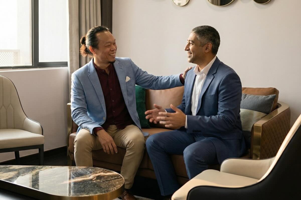 Executive coaching session in Singapore showing coach Ellery Ng with his client who is having a realisation about his emotional boundaries
