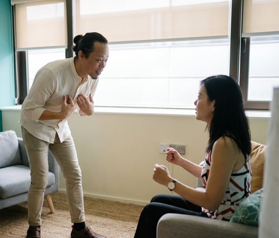 executive coaching Singapore session with coach Ellery Ng guiding client through embodied communication practice
