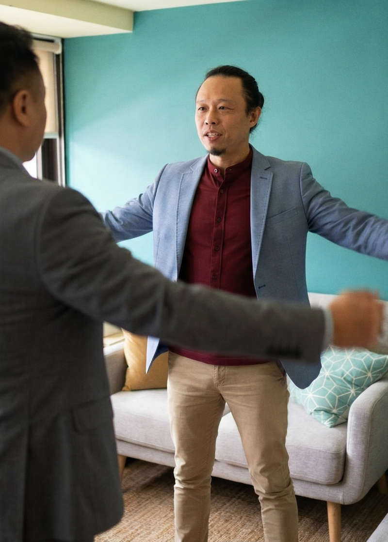 Executive communication coach Ellery Ng guiding a client through an embodied communication exercise during an ontological coaching session