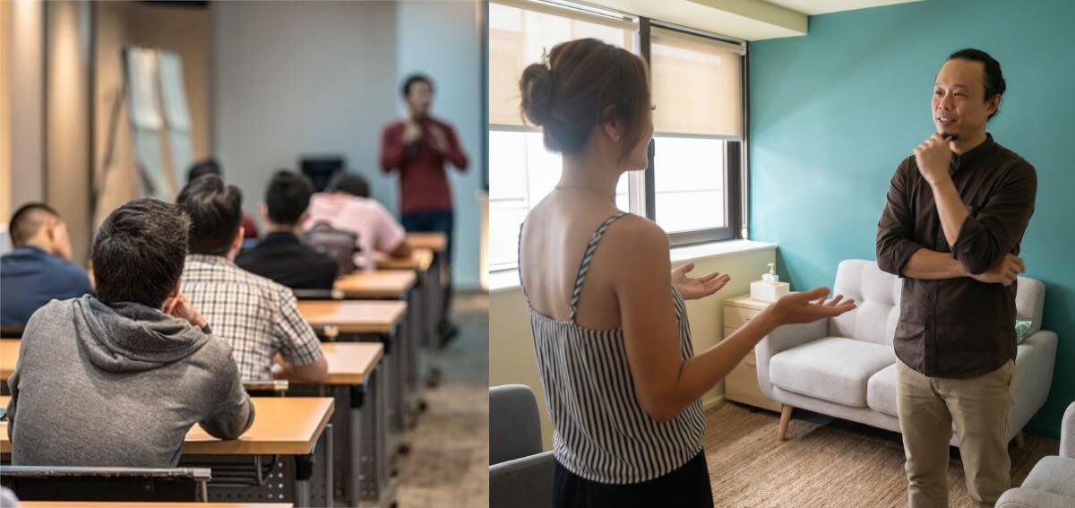 group public speaking training compared with 1-on-1 coaching session with coach Ellery Ng & his client showing personalised communication support in Singapore