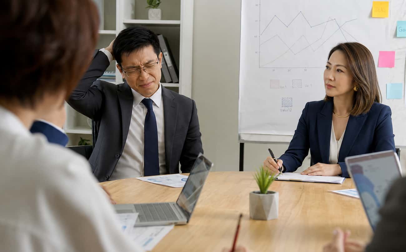 Professional man overwhelmed during a meeting, struggling with anxiety that blocks public speaking skills.