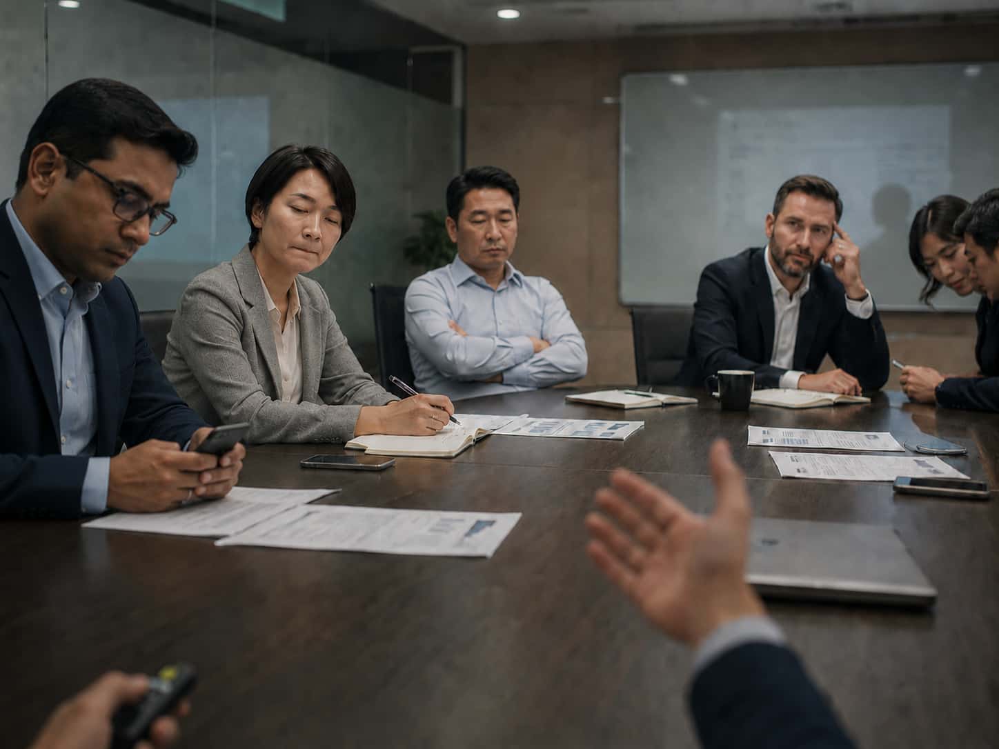A first-person point-of-view image of a speaker's hand gesturing across a boardroom table toward a group of disengaged executives — illustrating the emotional challenge of public speaking skills under pressure.