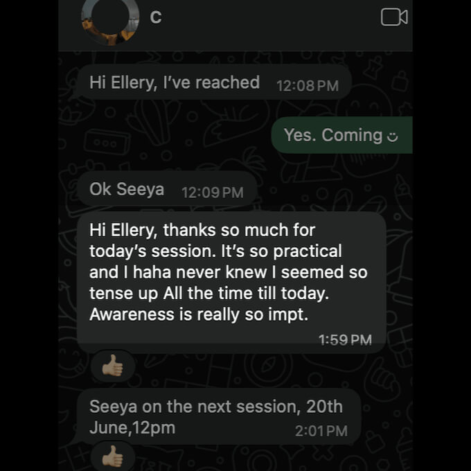 A client of Ellery's unlocked new awareness of how her somatic habits were affecting the way she showed up in public speaking and high-stakes conversations.