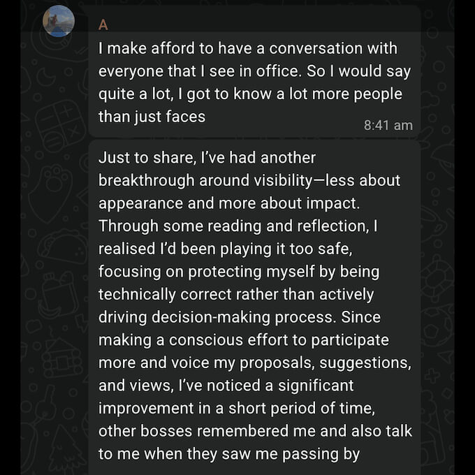 This client experienced a breakthrough in her visibility at the workplace, after working with Ellery on her executive presence and communication — her bosses remember who she is and talk to her more.
