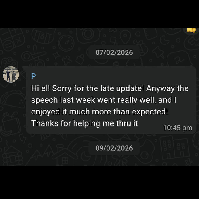 A client shares how his speech went really well, after preparing for it through public speaking coaching with Ellery